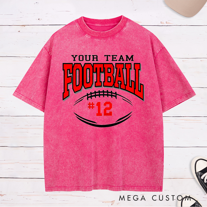 Personalized American Football Washed T-Shirts Featuring Custom Team Name and Number on the Front