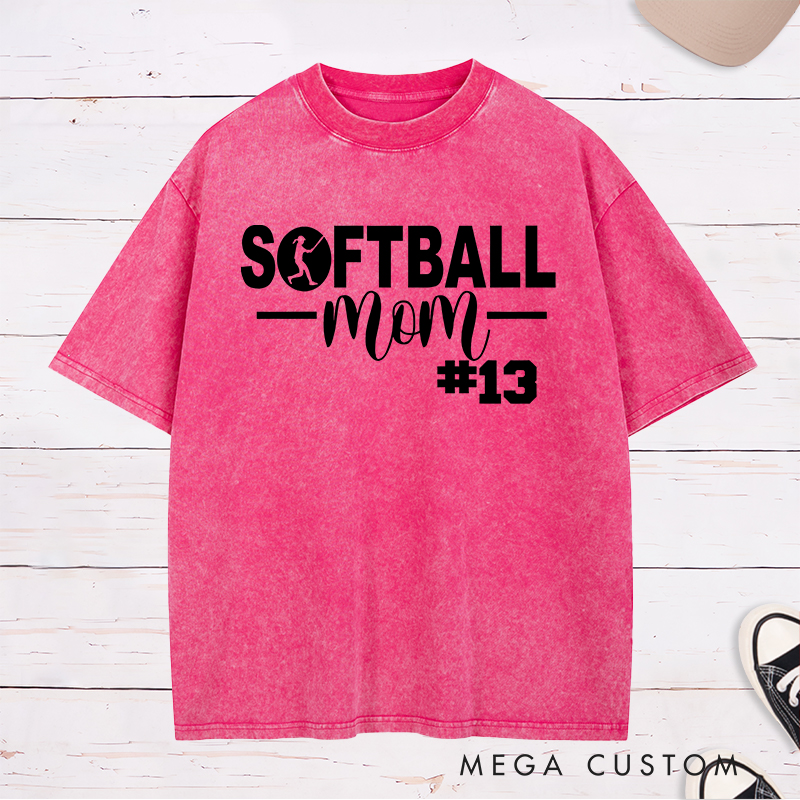 Personalized Softball Mom Washed T-Shirt Design Featuring Bold Text Player Number and a Stylish Softball Silhouette Graphic