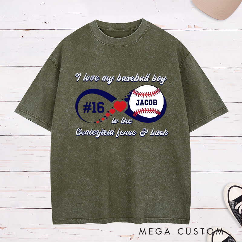 Personalized “I Love My Baseball Boy” Washed T-Shirt with Custom Name and Number  