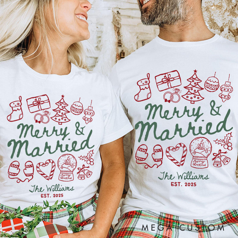 Personalized Couple Festive Merry and Married First Christmas T-Shirt Newlyweds Holly Accents Shirt for Husband Wife Married Tee Tops Christmas Gift