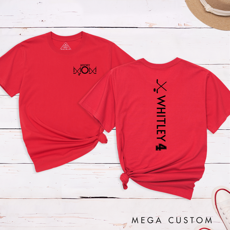 Personalized Hockey Mom T-Shirt with Custom Name, Number, and Design