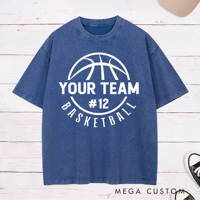 Personalized Washed T-Shirt Design Featuring a Circular Basketball Graphic with Customizable Team Name and Player Number