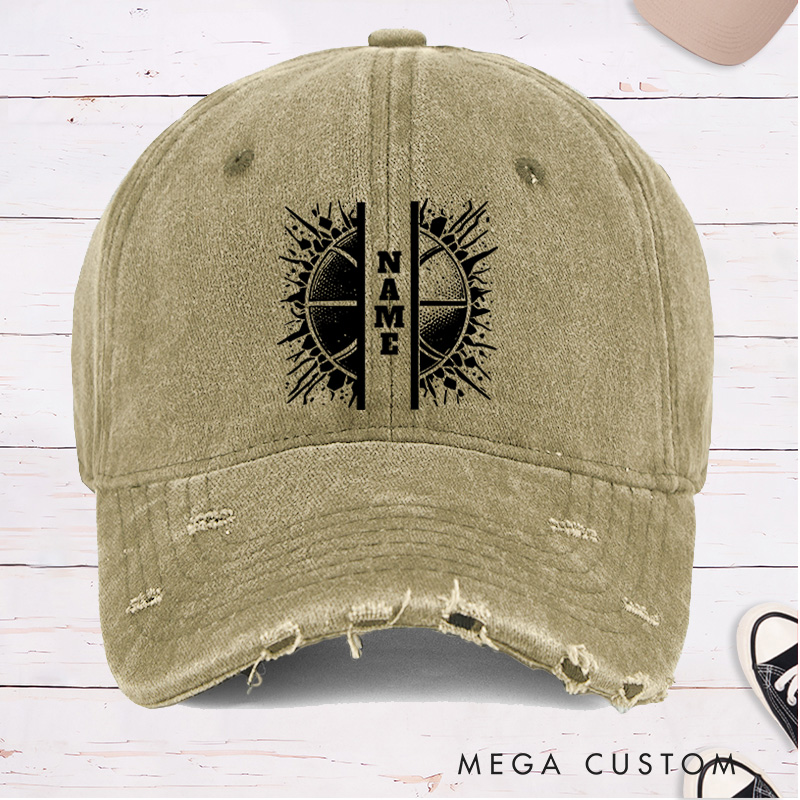 Personalized Distressed Denim Basketball Cap with Custom Name and Split Basketball Graphic Design