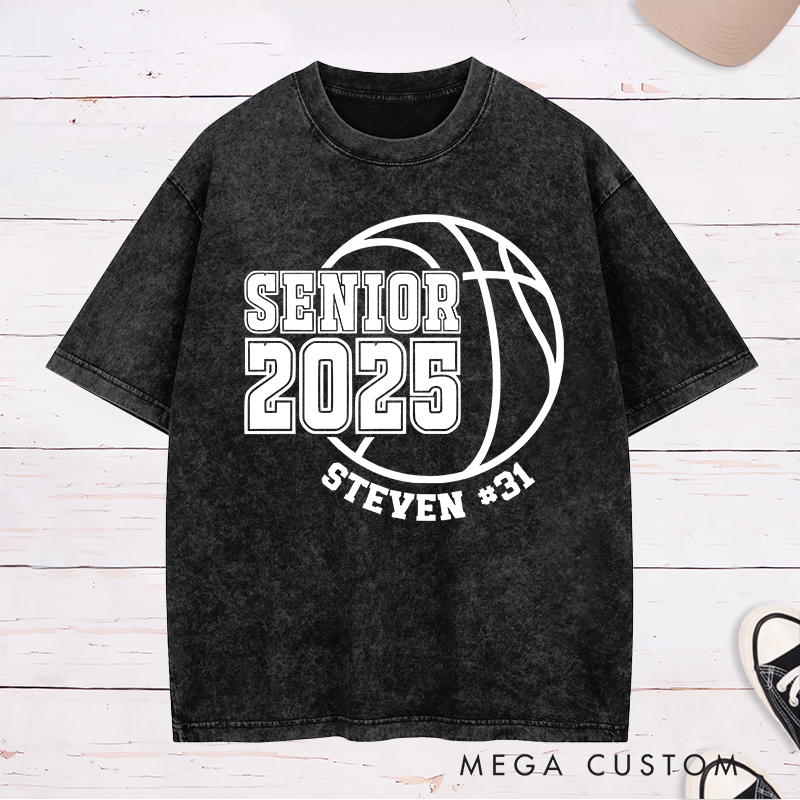 Personalized Washed T-Shirt Design Featuring Senior Year Basketball Graphic with Customizable Name and Number