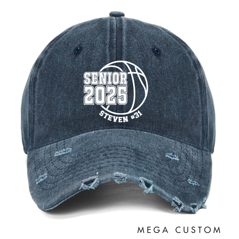 Personalized Distressed Denim Basketball Cap for Seniors with Graduation Year Name and Number Design