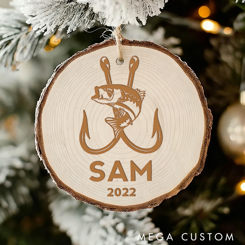 Personalized Fishing Ornament Custom Name and Time Natural Wood Christmas Ornament Perfect Christmas Gift for Fishing Enthusiasts