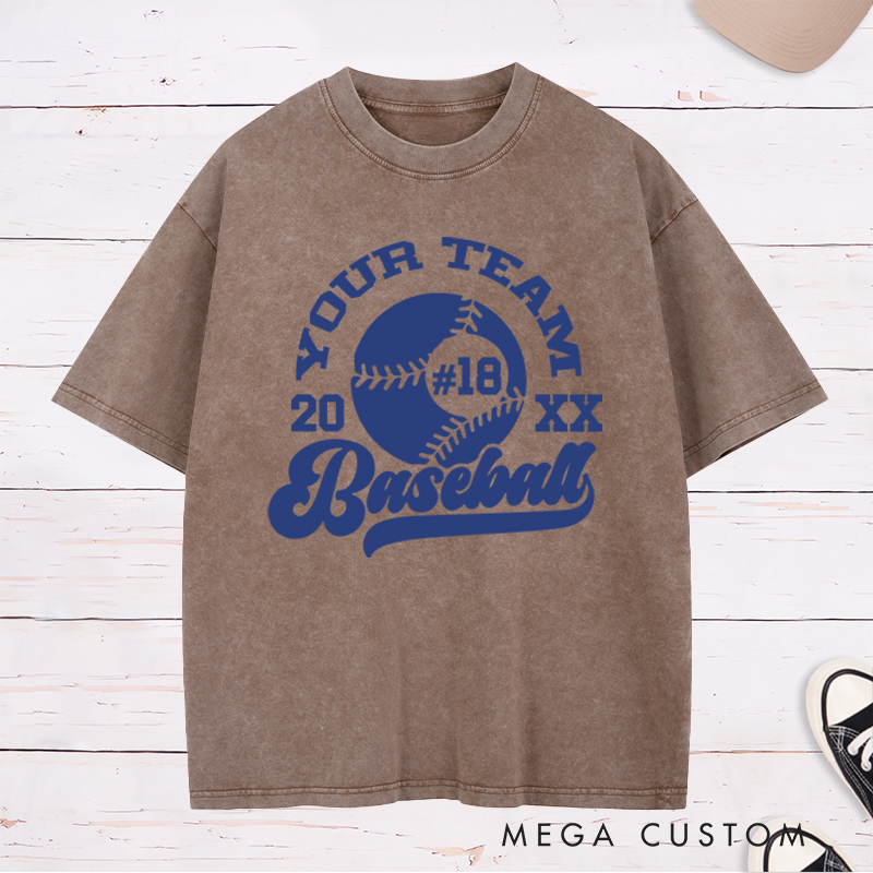 Personalized Baseball Washed T-Shirt with Custom Team Name, Player Number, and Year Design