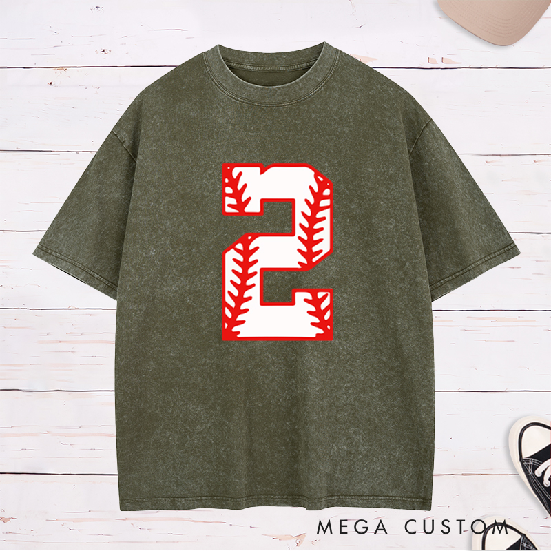 Personalized Athletic Washed T-Shirt with Bold Baseball Stitch Number Graphic