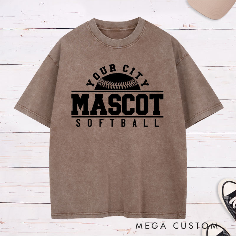 Personalized Softball Team Washed T-Shirt Design Featuring Custom City Name Team Name Bold Typography and Central Softball Graphic