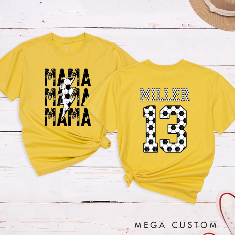 Personalized "Mama" Soccer T-Shirt with Custom Name and Number Design