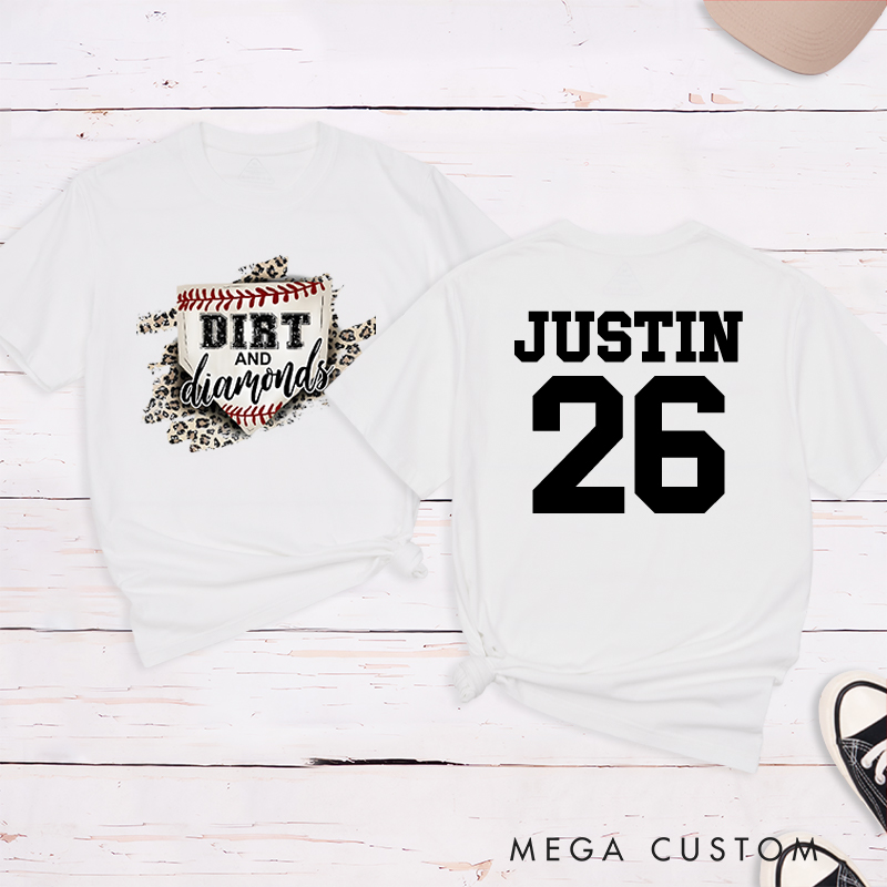 Personalized "Dirt and Diamonds" Baseball T-Shirt with Custom Name and Number