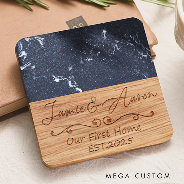 Personalized Coasters Custom Marble and Wood Coaster Our First Home for Couple Coasters New Home Gift Anniversary Gift Wedding Housewarming Gift