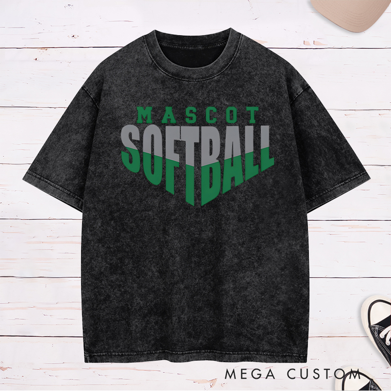 Personalized Softball Washed T-Shirt Design Featuring Custom Team Name Bold Split-Tone Typography Dynamic Angular Layout and Modern Sports Aesthetic