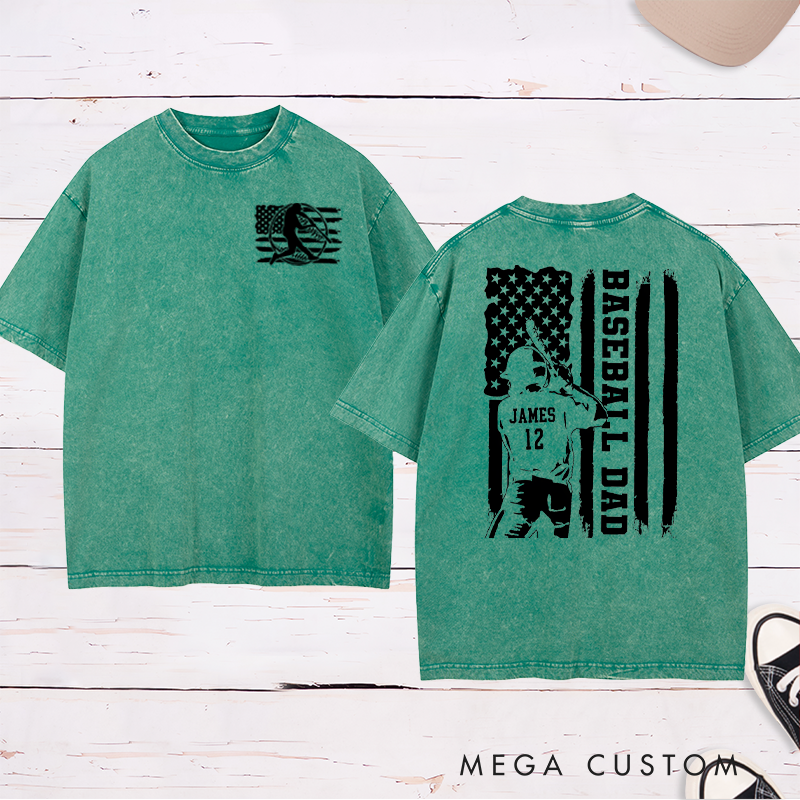 Personalized Baseball Dad Washed T-Shirt with Patriotic Flag and Custom Name and Number