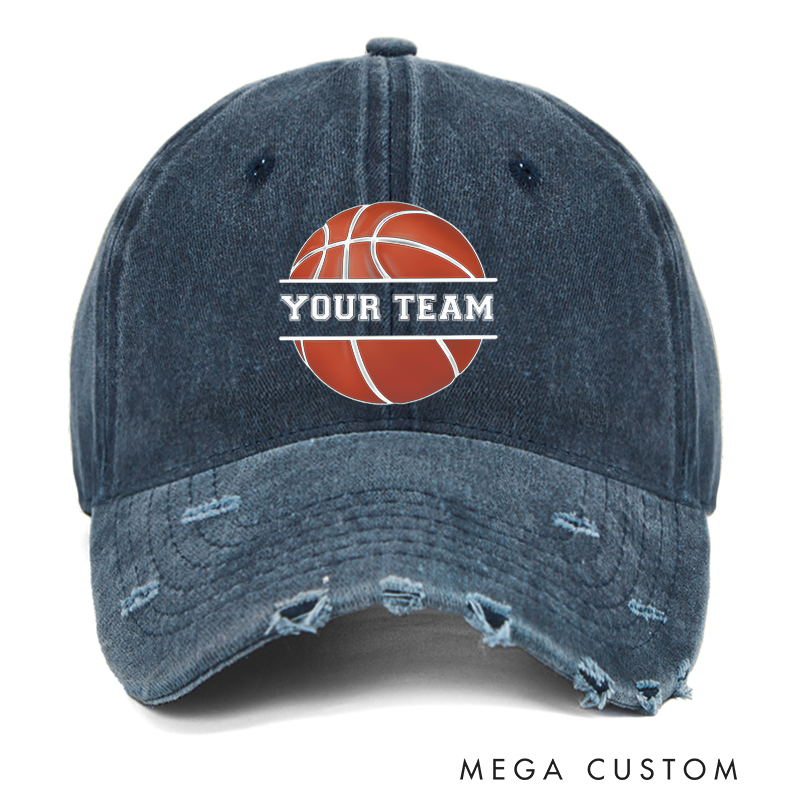 Personalized Distressed Denim Basketball Cap with Team Name and Bold Graphic Design