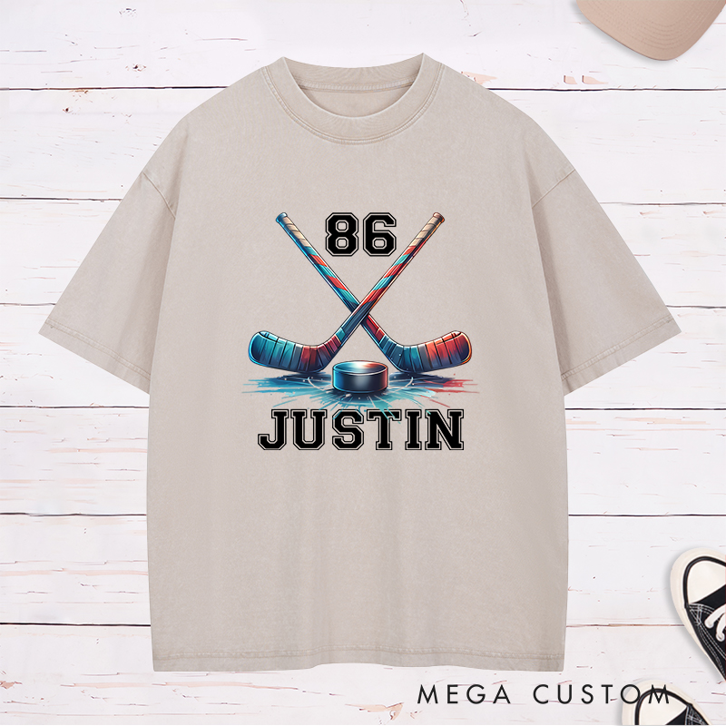 Personalized Ice Hockey Washed T-Shirt with Crossed Sticks and Custom Name  