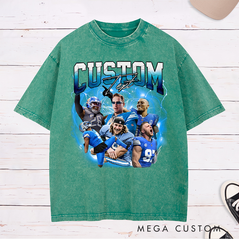 Personalized Lightning Themed Athlete Graphic Washed T-Shirt with Custom Photos and Text