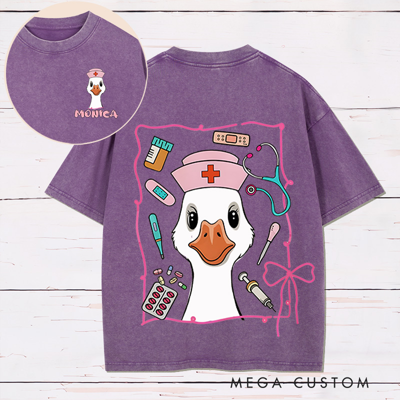 Personalized Two Sides Printed Washed T-Shirt Customized Nurse Goose with Medical Tools Cute Design Washed T-Shirt 
