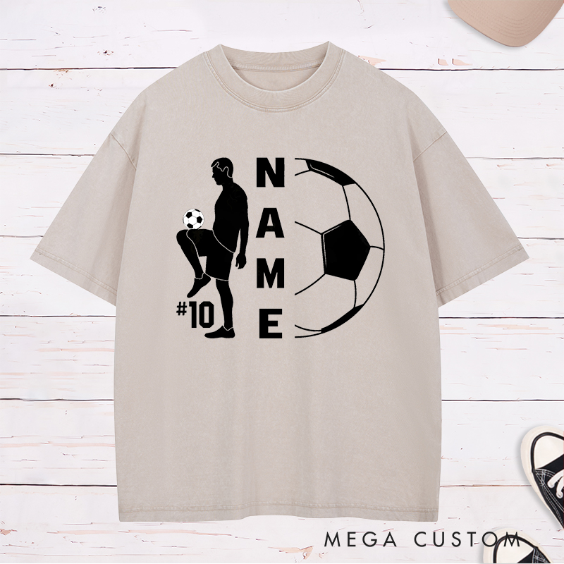 Personalized Soccer Washed T-Shirt with Player Silhouette and Custom Name and Number Design