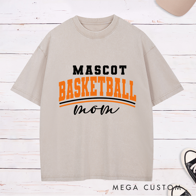 Personalized Washed T-Shirt Design Featuring Bold "Basketball Mom" Graphic with Customizable Team Name
