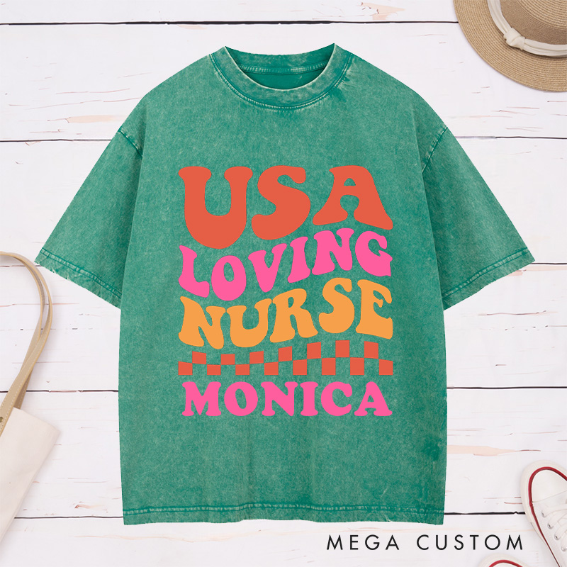 Personalized Nurse Washed T-Shirt Customized USA Loving Nurse Design Washed T-Shirt 