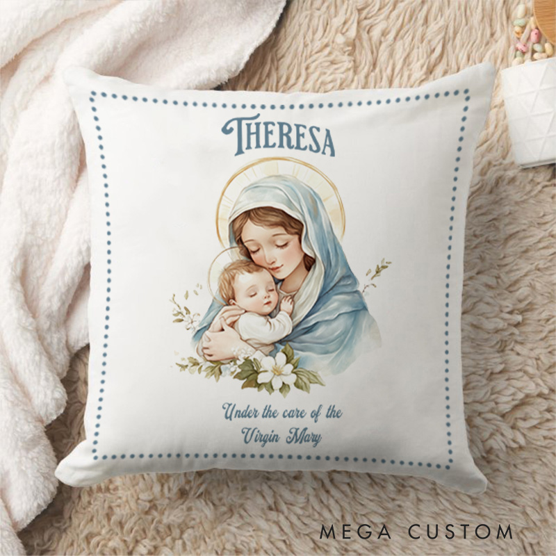 Personalized under the Care of Virgin Mary Throw Pillow with Name Religious Gift Home Decor Catholic Gift for Women
