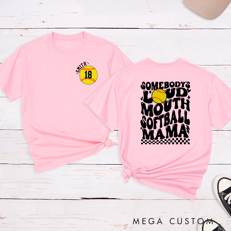 Personalized "Loud Mouth Softball Mama" T-Shirt Design Featuring Bold Retro Text Custom Name and Player Number
