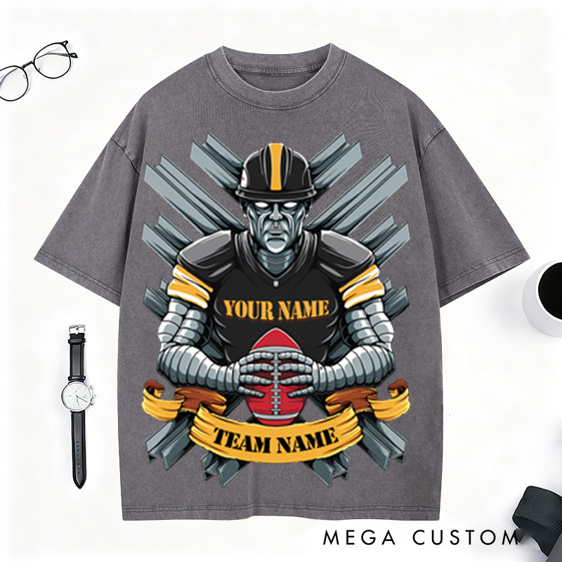 Personalized Steel Warrior Football T-Shirt with Custom Team and Player Name