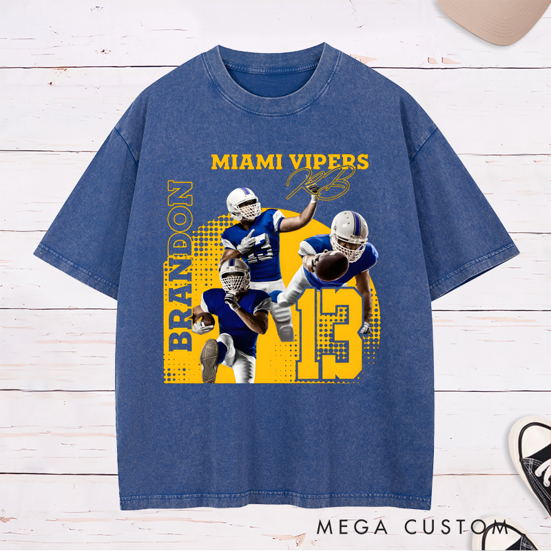 Personalized Washed American Football T-Shirt with Custom Photo, Name, Team Name, and Number Design