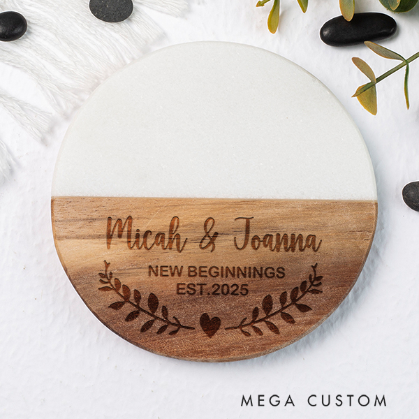 Personalized Coasters Custom Marble and Wood Coaster Wedding Housewarming Gift New Home Gift for Couple 2025 New Beginnings Coasters Anniversary Gift