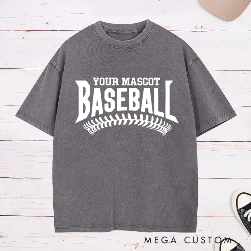Personalized Baseball Washed T-Shirt with Custom Mascot Name and Classic Stitch Design