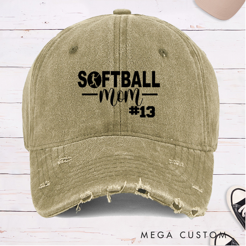 Personalized Distressed Denim "Softball Mom" Cap with Custom Player Number Design