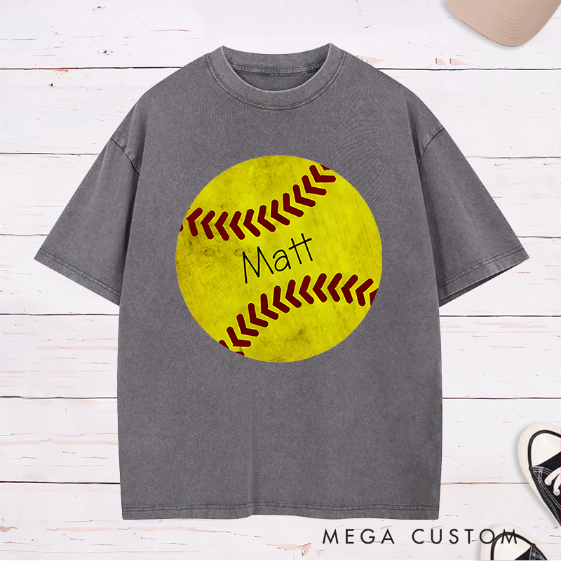 Personalized Softball Washed T-Shirt Design Featuring Custom Name Inside a Bold Softball Graphic