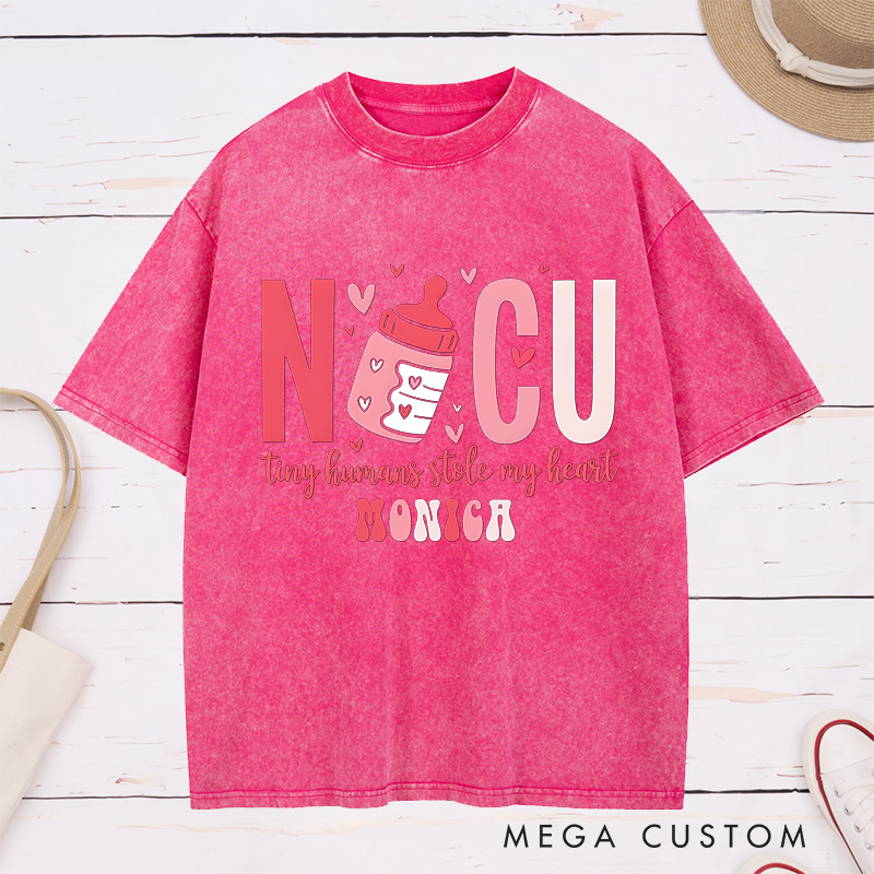 Personalized Nurse Washed T-Shirt Customized NICU Tiny Humans Stole My Heart Design Washed T-Shirt 