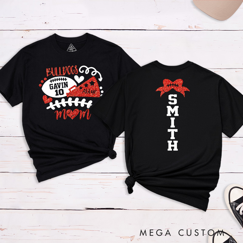 Personalized Glitter American Football and Rugby Cheer Mom T-Shirt with Custom Name and Number