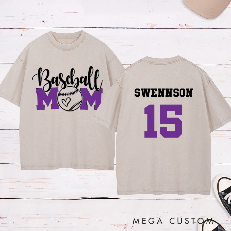 Personalized Baseball Mom Washed T-Shirt with Heart-Inspired Design and Custom Name and Number