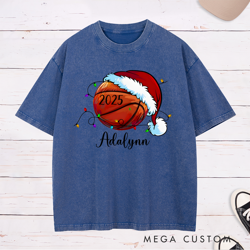 Personalized Festive Washed T-Shirt with Custom Name, Year, and Basketball Santa Hat Design