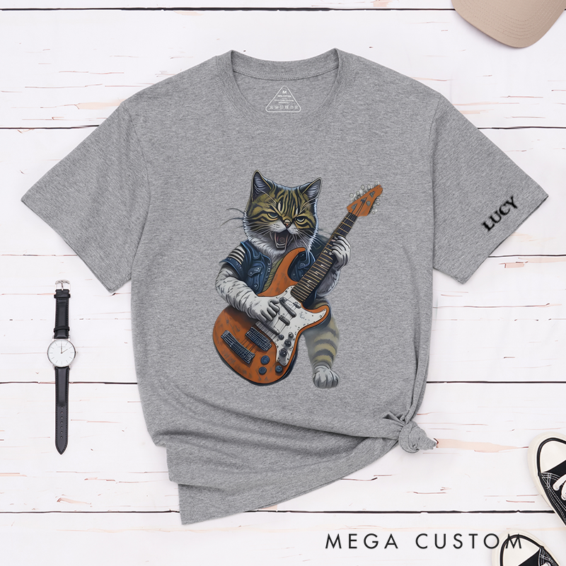 Personalized Classic T-Shirts Rockstar Cat Graphic and Funny Feline Playing Electric Guitar Tee Cool Cat Lover Gift and Vintage Rock Music Pet Tee