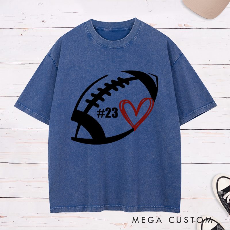Personalized American Football and Rugby Washed T-Shirts Featuring Custom Number on the Front