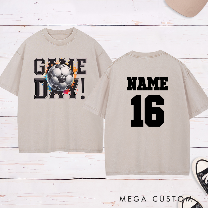 Personalized Soccer Washed T-Shirt Featuring Vibrant Splash Design and Custom Name and Number