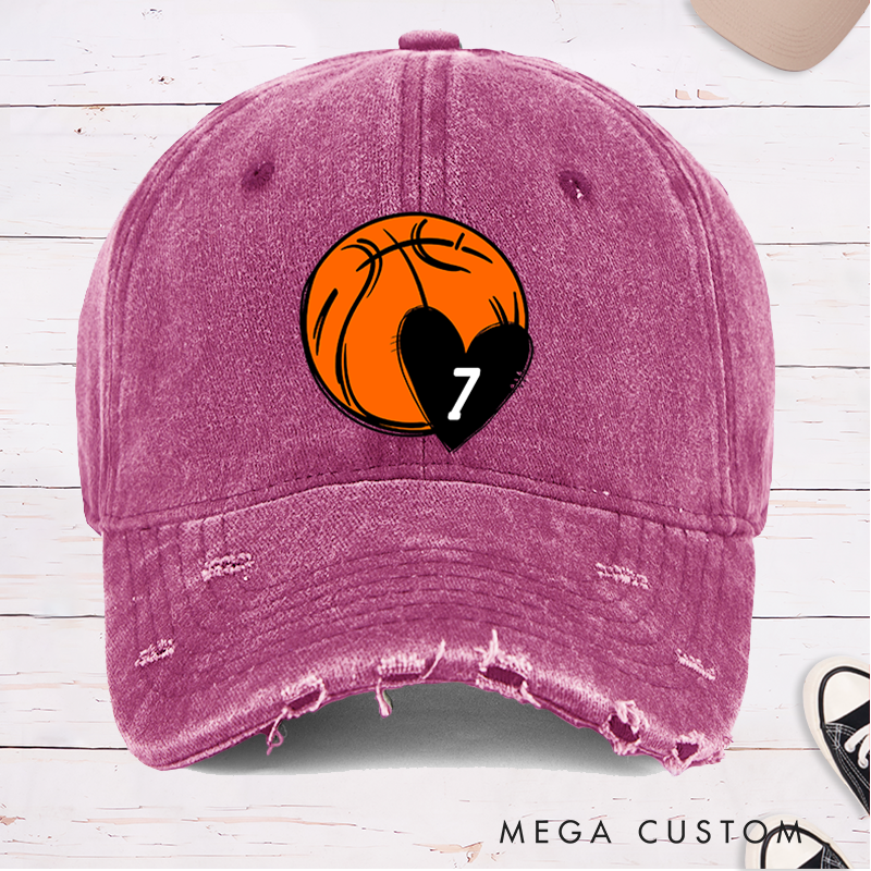 Personalized Distressed Basketball Cap with Custom Jersey Number Heart and Bold Basketball Graphic Design