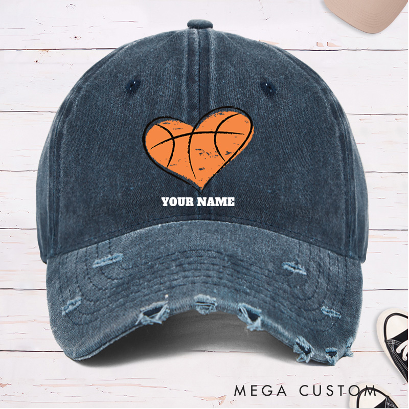 [Copy]Personalized Distressed Denim Basketball Cap with Vertical Team Name and Player Silhouette Design