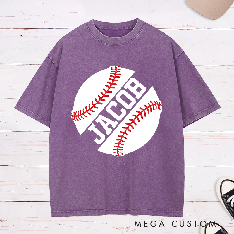 Personalized Game Day Washed T-Shirt with Striking Half Baseball Art and Custom Text