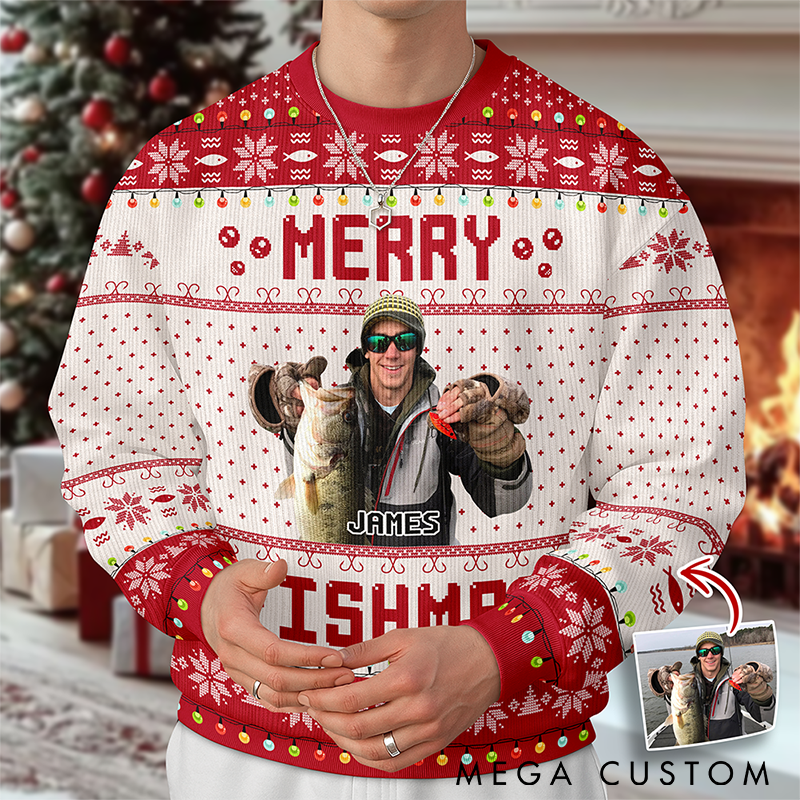 Personalized Merry Fishmas Ugly Sweater Funny Fishing Ugly Sweater Custom Photo and Name Funny Holiday Gift for Fishing Lovers