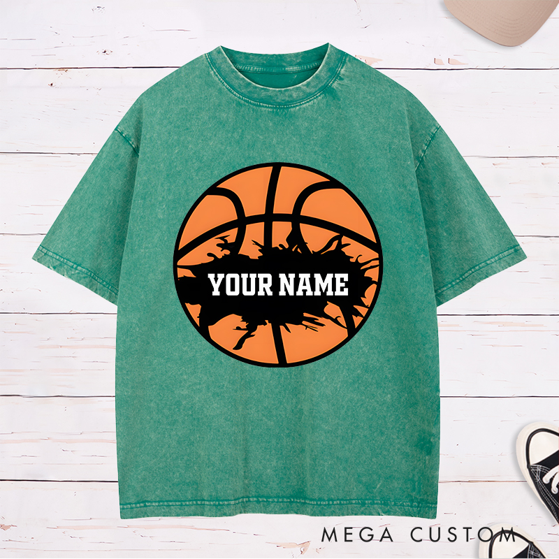 Personalized Washed T-Shirt Design Featuring a Bold Basketball Graphic with Splatter Effect and Customizable Name