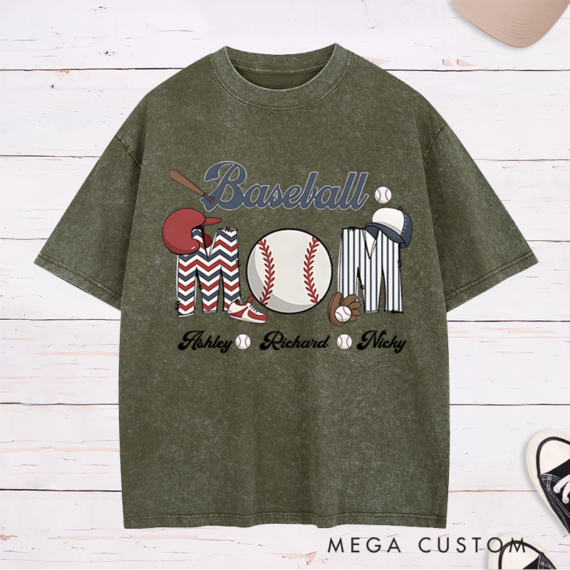 Personalized Baseball Mom Washed T-Shirt with Custom Names and Fun Sports-Themed Design