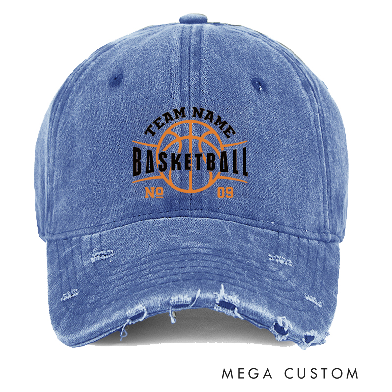 Personalized Distressed Basketball Cap with Custom Team Name Number and Basketball Graphic Design