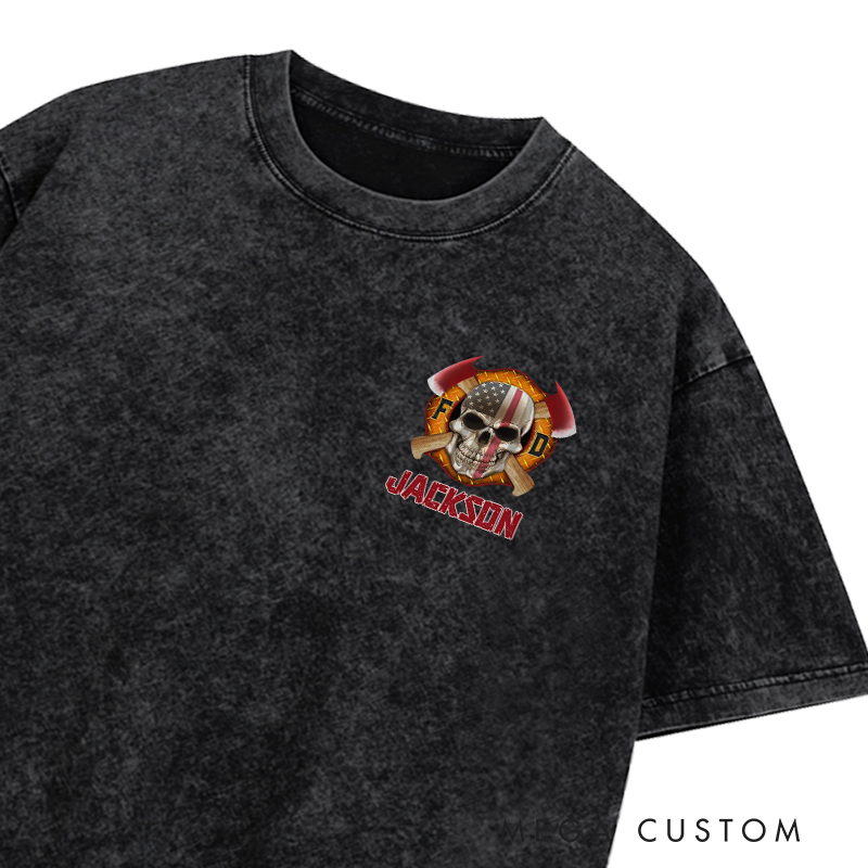 Personalized Firefighter Washed T-Shirt Firefighter Brotherhood Skull and Axes Design Unique Gift for Firefighters