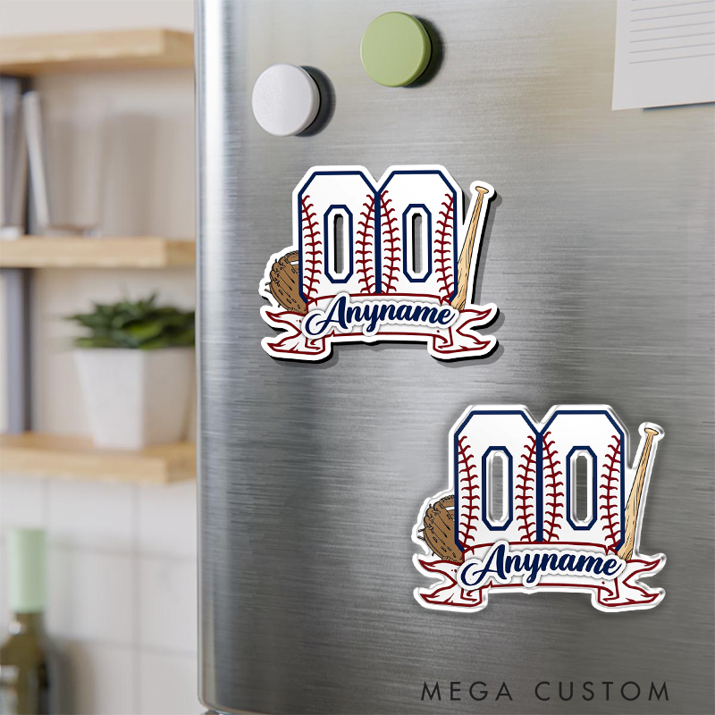 Personalized Baseball Graphic Fridge Magnet with Bold Number and Bat, Glove Graphics 