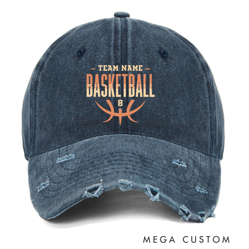 Personalized Distressed Denim Basketball Cap with Custom Team Name and Number Design